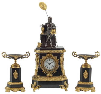 (3) FRENCH ORMOLU-MOUNTED BLACK MARBLE MANTEL CLOCK GARNITURE: (lot of 3) French patinated bronze and marble mantel clock garniture, 19th c., with bronze dore mounts, including: (1) mantel clock, surmounted by seated male figure with helmet and urn, above white d