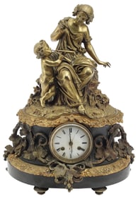 FRENCH PATINATED & GILT BRONZE FIGURAL MANTEL CLOCK