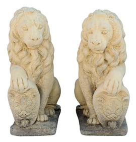 (2) CAST STONE HERALDIC LIONS FLEUR-DE-LIS SHIELD
