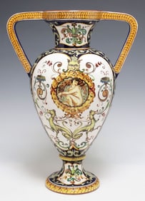 ITALIAN FAENZA MAJOLICA AMPHORA-FORM HANDLED VASE