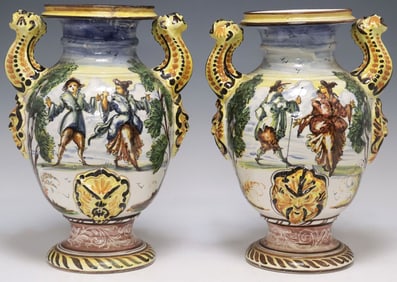 (2) ITALIAN ALBISOLA POLYCHROME MAJOLICA HANDLED VASES