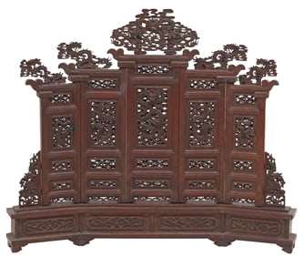 LARGE ORNATE CHINESE CARVED HARDWOOD DRAGON FLOOR SCREEN, 47"H, 52"W