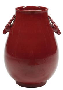 CHINESE SANG DE BOEUF PORCELAIN HU-FORM VASE WITH DEER HANDLES: Large Chinese oxblood-glazed porcelain hu-form vase, with handles modeled as deer heads, approx 20&quot;h, 13&quot;diam, 22.25lbs