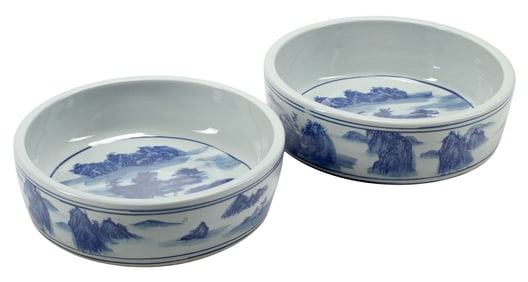 (2) LARGE CHINESE BLUE & WHITE PORCELAIN LANDSCAPE PLANTER BOWLS