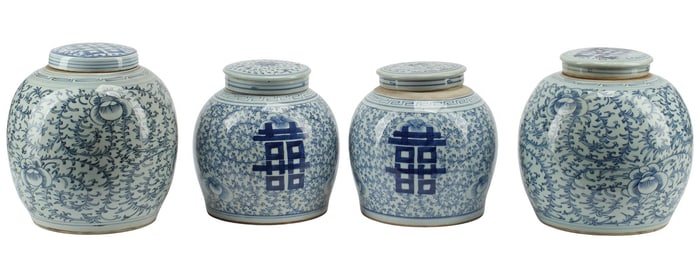 (4) CHINESE BLUE & WHITE PORCELAIN COVERED 'SHUANGXI' GINGER JARS