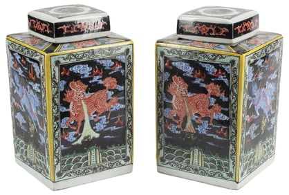 (2) CHINESE FAMILLE NOIRE PORCELAIN TEA CADDIES