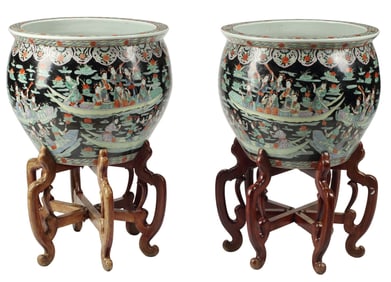 (2) CHINESE FAMILLE NOIR PORCELAIN FISH BOWL PLANTERS ON STANDS