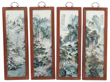 (4) FRAMED CHINESE TRANSFER DECORATED PORCELAIN WALL-HANGING PLAQUES
