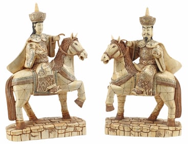 (2) LARGE ASIAN CARVED & TILED BONE EMPEROR & EMPRESS EQUESTRIANS