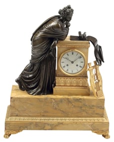 FRENCH EMPIRE PATINATED BRONZE & MARBLE FIGURAL MUSE MANTEL CLOCK