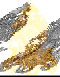 FRENCH ROCOCO STYLE SCROLLED ORMOLU MANTEL CLOCK: French Rococo style gilt-bronze mantel clock, late 19th c., two songbirds surmounting scrolling foliate case, with two seated putti and various floral motifs, centering gilt dial with porcelain Roman