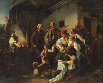 AFTER FERDINAND MALLITSCH GENRE PAINTING THE FOUNDLING, 29" X 36"