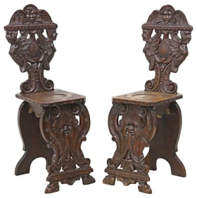 (2) ITALIAN RENAISSANCE REVIVAL FINELY CARVED WALNUT HALL CHAIRS