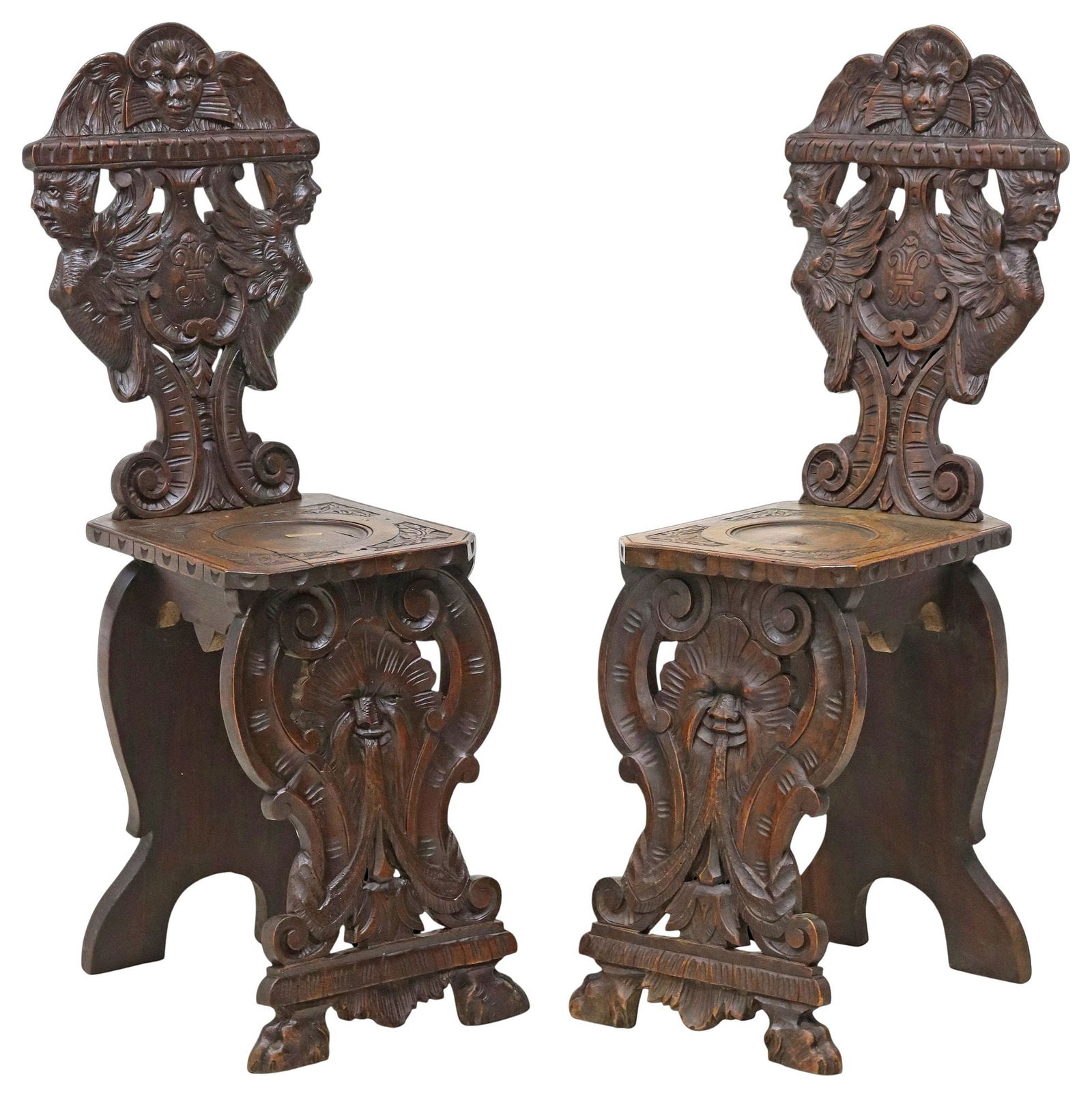 (2) ITALIAN RENAISSANCE REVIVAL FINELY CARVED WALNUT HALL CHAIRS (1 of 5)