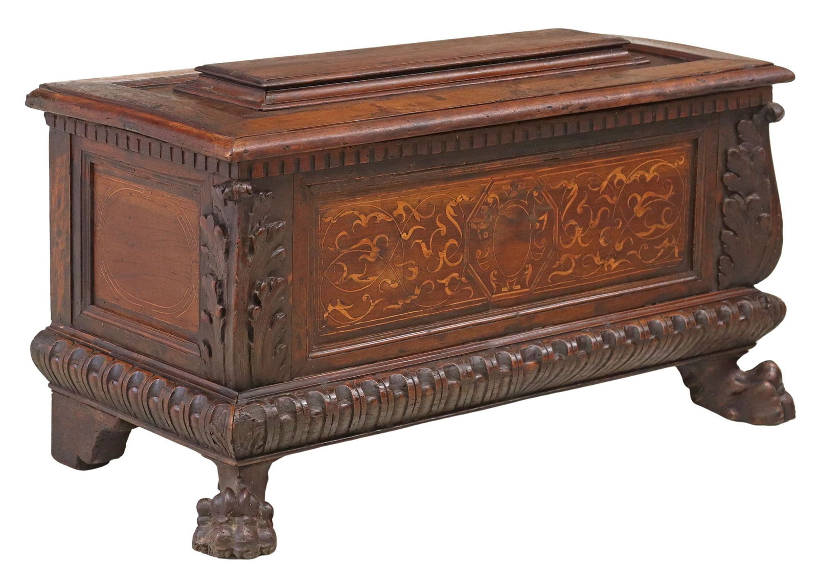 ITALIAN RENAISSANCE REVIVAL CARVED OAK MARQUETRY CASSONE, 18TH C. (1 of 5)