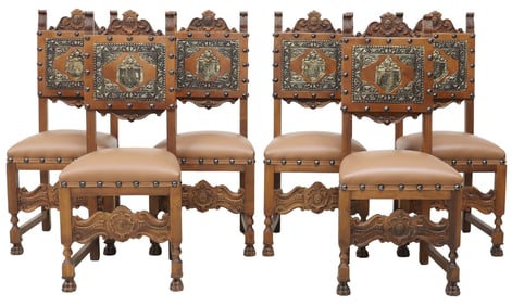 (6) SPANISH BAROQUE STYLE PARCEL-GILT EMBOSSED LEATHER DINING CHAIRS