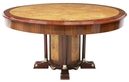 LARGE EMPIRE STYLE MAHOGANY & BURLWOOD CIRCULAR DINING TABLE, 60"DIAM