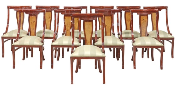 (11) EMPIRE STYLE CHERRY & BURLWOOD UPHOLSTERED DINING CHAIRS