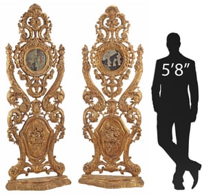 (2) LARGE GILT & CHINESE LACQUER-INSET FLOOR ORNAMENTS, 84"H