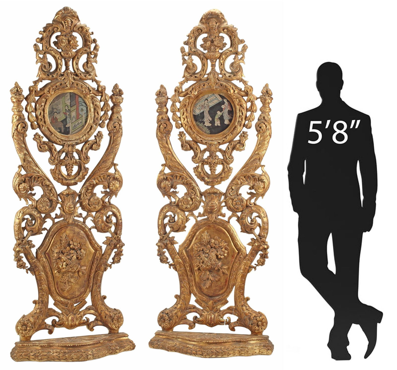 (2) LARGE GILT & CHINESE LACQUER-INSET FLOOR ORNAMENTS, 84"H (1 of 6)