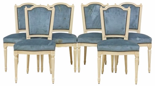 (6) FRENCH LOUIS XVI STYLE PAINTED & UPHOLSTERED DINING CHAIRS