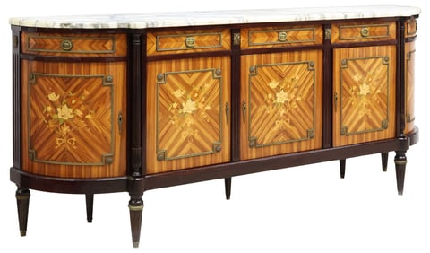 FRENCH LOUIS XVI STYLE MARBLE-TOP MARQUETRY SIDEBOARD