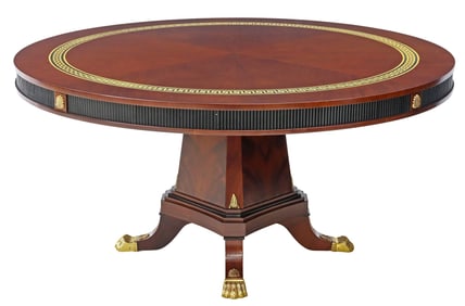 LARGE NEOCLASSICAL STYLE GREEK KEY INLAID & GILT METAL MOUNTED PEDESTAL TABLE, 63"DIAM