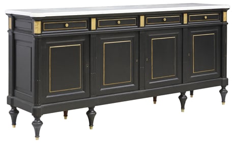 FRENCH LOUIS XVI STYLE MARBLE-TOP PARCEL-GILT EBONIZED SIDEBOARD