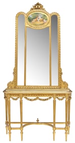 LOUIS XVI STYLE MARBLE-TOP GILTWOOD CONSOLE TABLE & TRUMEAU MIRROR