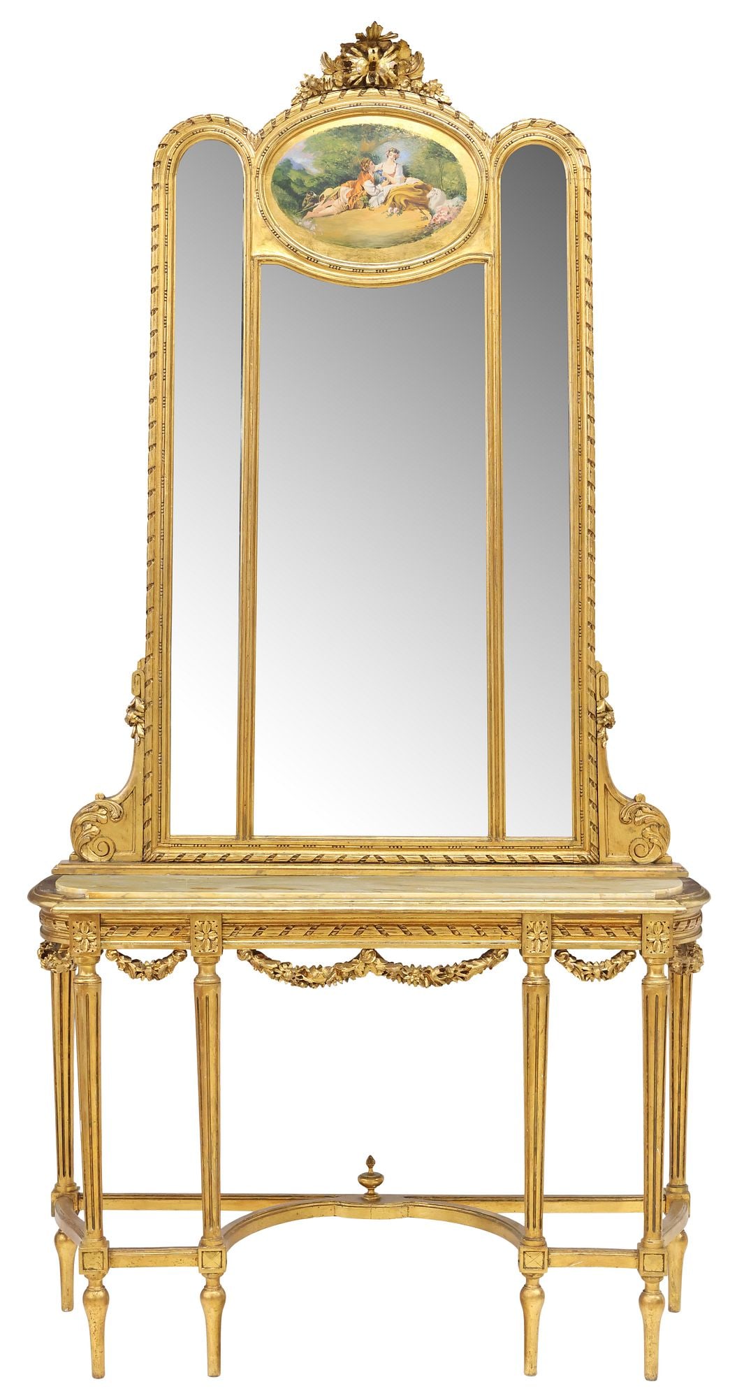 LOUIS XVI STYLE MARBLE-TOP GILTWOOD CONSOLE TABLE & TRUMEAU MIRROR (1 of 6)