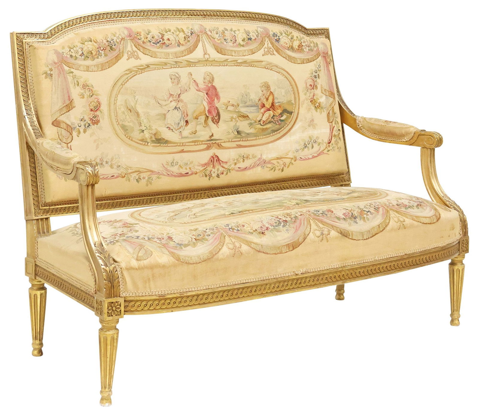 FRENCH LOUIS XVI STYLE GILTWOOD & AUBUSSON TAPESTRY CANAPE (1 of 4)