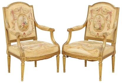 (2) FRENCH LOUIS XVI STYLE TAPESTRY-UPHOLSTERED GILTWOOD ARMCHAIRS