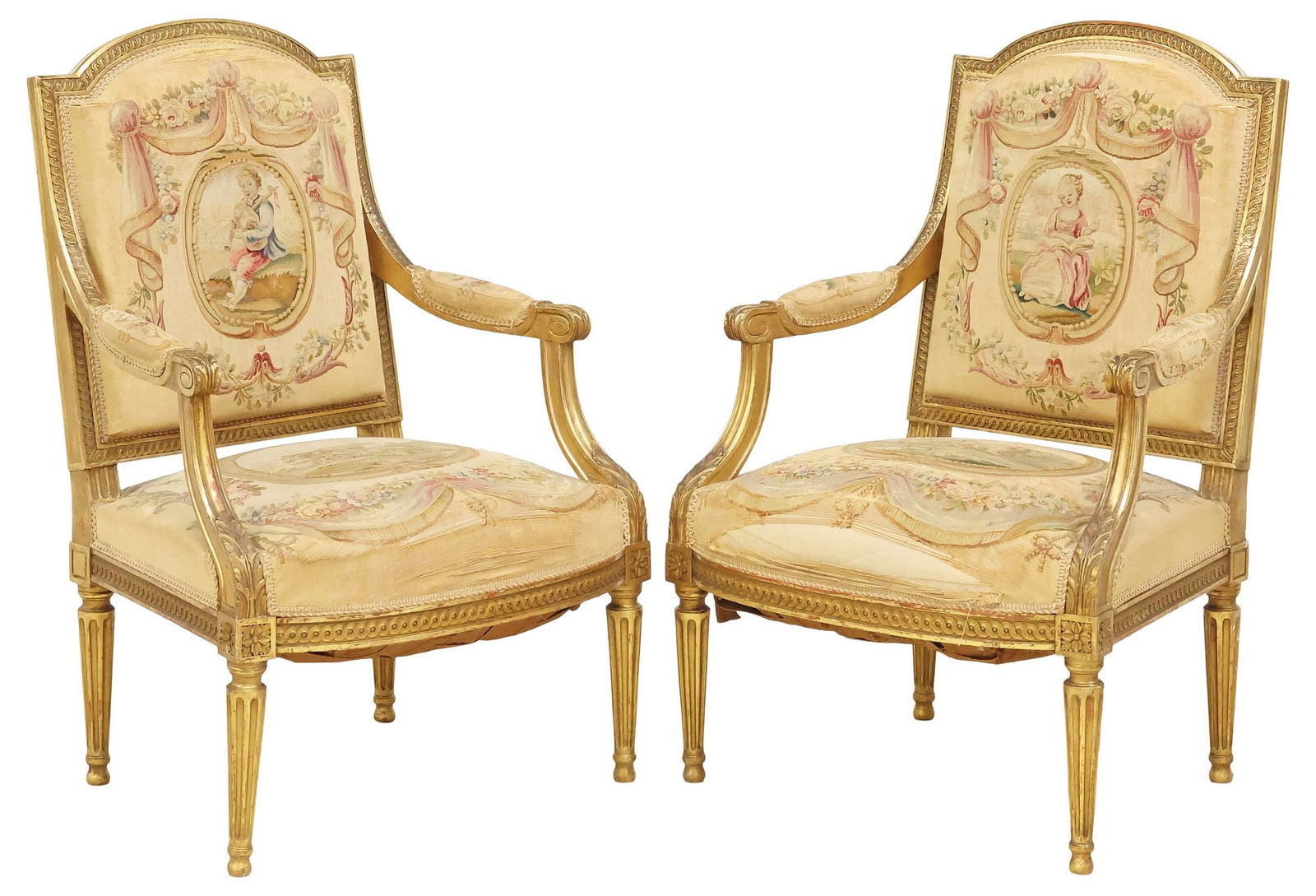(2) FRENCH LOUIS XVI STYLE TAPESTRY-UPHOLSTERED GILTWOOD ARMCHAIRS (1 of 6)