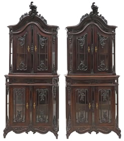 (2) FLEMISH LOUIS XV STYLE CARVED WALNUT VITRINES