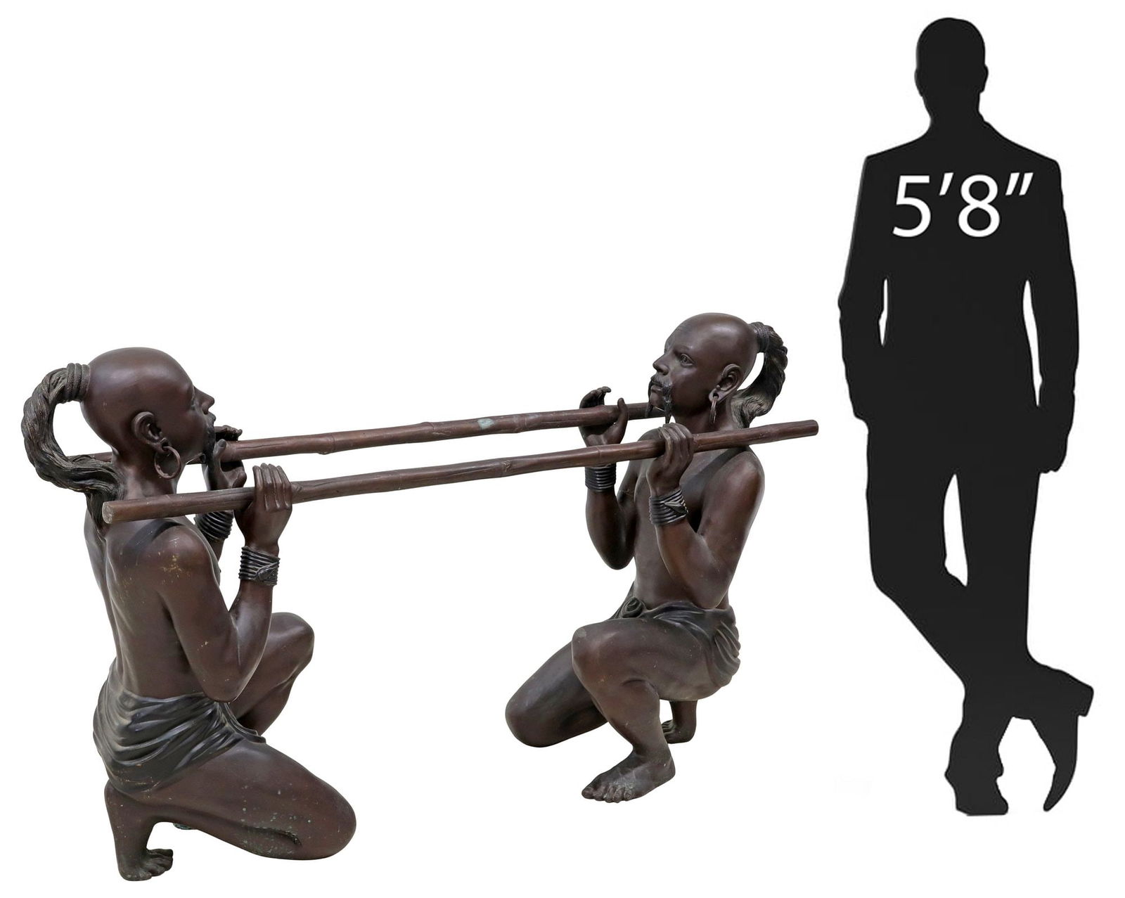 (2) LARGE PATINATED BRONZE FIGURAL GROUP, KNEELING FIGURES WITH SUPPORT POLES (1 of 6)