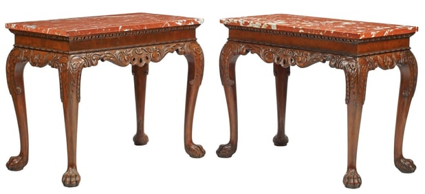 (2) BAKER CHIPPENDALE STYLE MARBLE-TOP MAHOGANY CONSOLE TABLES