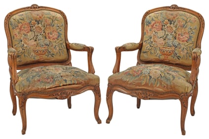 (2) FRENCH LOUIS XV STYLE TAPESTRY-UPHOLSTERED FAUTEUILS