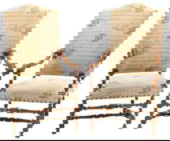 (2) LOUIS XIII STYLE UPHOLSTERED HIGHBACK FAUTEUILS