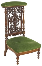 FRENCH CARVED WALNUT & GREEN VELVET PRIE DIEU