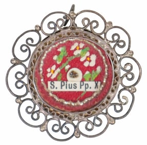 1ST-CLASS RELIC OF POPE PIUS X IN SILVER THECA RELIQUARY WITH COA