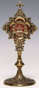 1ST-CLASS RELIC OF ST. FAUSTINA KOWALSKA IN GILT METAL ALTAR RELIQUARY: First-class religious relic of Saint Maria Faustyna Kowalska of the Blessed Sacrament (born Helena Kowalska, Polish, 1905-1938), housed in gilt metal altar reliquary, with cross finial above glazed qu