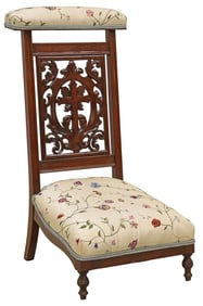 FRENCH CARVED MAHOGANY UPHOLSTERED PRIE-DIEU PRAYER KNEELER