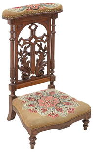 FRENCH NAPOLEON III NEEDLEWORK & CARVED OAK PRIE DIEU/ KNEELER: French Napoleon III period oak prie-dieu/ prayer kneeler, 19th c., padded top rail and seat covered in needlework upholstery, the seat with Christogram IHS, nail-head trim, splat carved as a cross wit