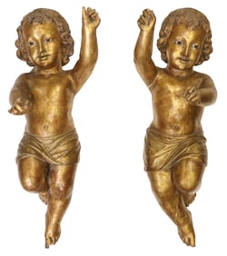 (2) LARGE ITALIAN CARVED GILTWOOD ARCHITECTURAL PUTTI FIGURES, 22.75"H