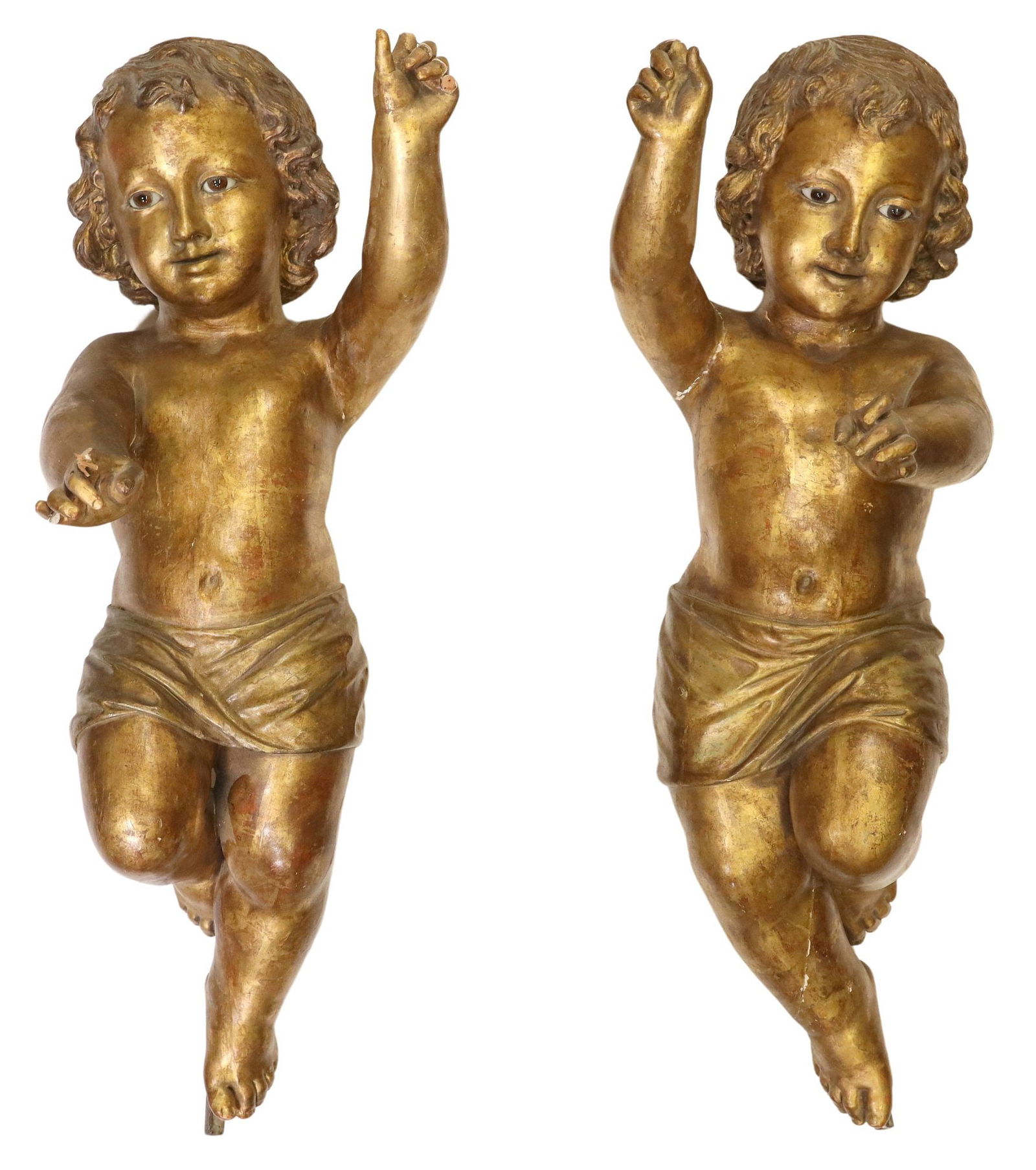 (2) LARGE ITALIAN CARVED GILTWOOD ARCHITECTURAL PUTTI FIGURES, 22.75"H (1 of 3)