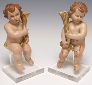 (2) ITALIAN PARCEL-GILT & PAINTED WOOD PUTTI ON ACRYLIC STANDS