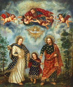 CUZCO SCHOOL STYLE PAINTING HEAVENLY & EARTHLY TRINITIES