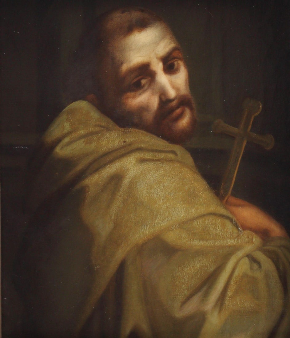 AFTER ANDREA DEL SARTO PAINTING ST FRANCIS: Framed oil on canvas painting laid on board, partial subject of Saint Francis from "Madonna delle Arpie" (Madonna of the Harpies), after Andrea del Sarto (Italian, 1486-1530), sight: approx 