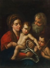 ITALIAN SCHOOL PAINTING HOLY FAMILY & ST JOHN THE BAPTIST