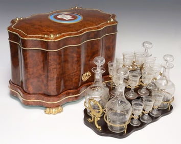 FINE FRENCH PORCELAIN PORTRAIT PLAQUE LIQUEUR CASKET, BACCARAT (ATTRIB.) CRYSTAL